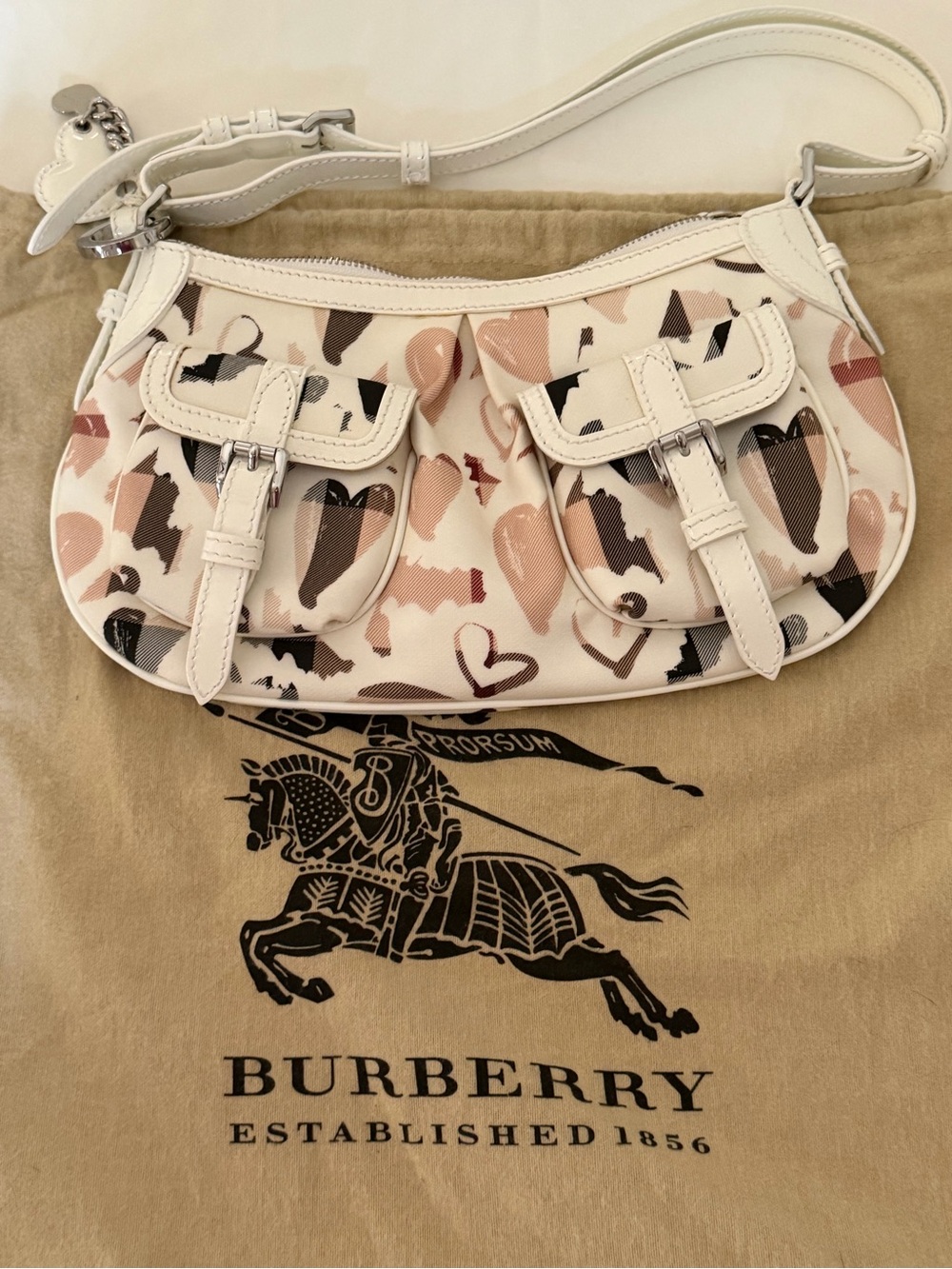 Burberry White Leather Shoulder Bag with Pink and Tan Heart Print